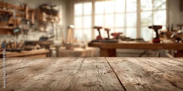 Fototapeta The rustic wooden workbench in a well-equipped workshop setting
