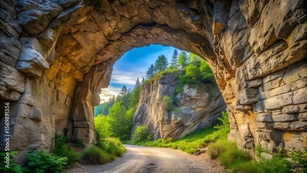 Fototapeta Road passes through a natural rock tunnel in a scenic landscape