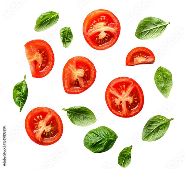 Fototapeta Fresh Tomato Slices and Basil Leaves, Isolated on Transparent PNG