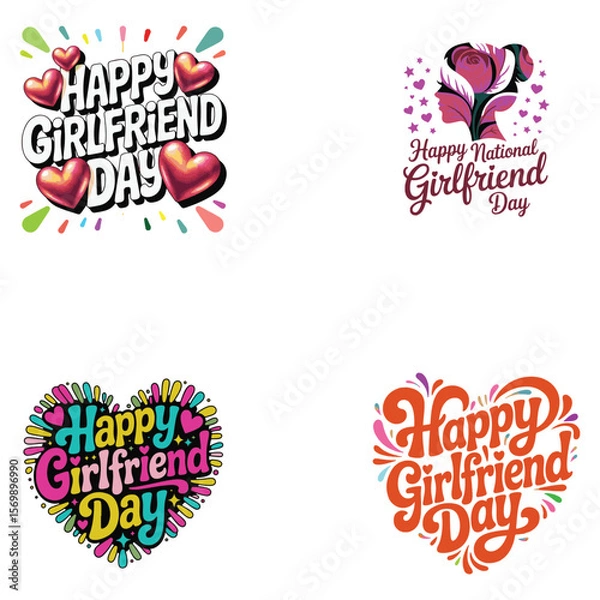 Fototapeta Four Colorful Happy Girlfriend Day Designs Featuring Hearts Roses and Typography