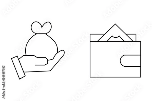 Fototapeta Hand Holding Money Bag and Closed Wallet Line Art Illustration Black and White Simple Design