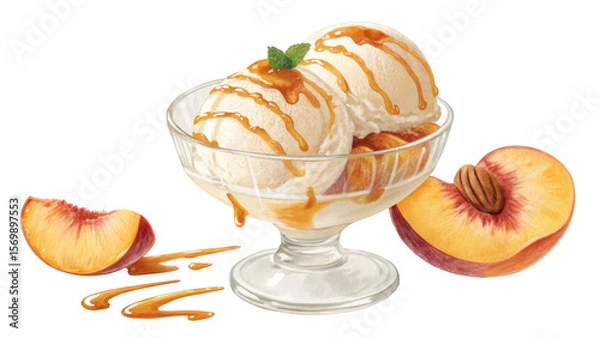 Fototapeta Peach Ice Cream Sundae with Caramel Sauce, Digital Painting, Isolated on Transparent Background, Dessert, Illustration, Sweet