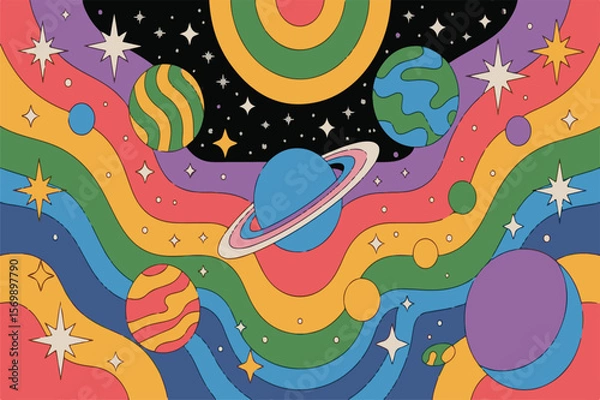 Fototapeta Retro Rainbow Space Scene Planets Stars Galaxy Colorful Swirling Pattern Background Illustration