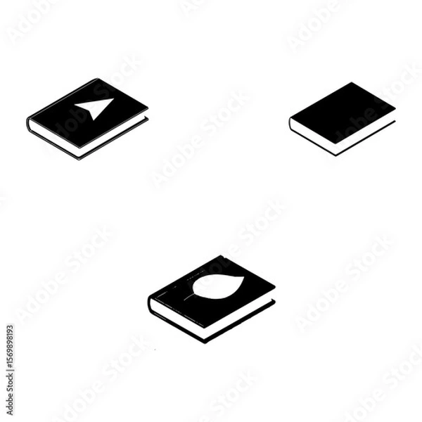 Fototapeta Three Isometric Black Books with Navigation Arrow Leaf and Blank Cover Designs white