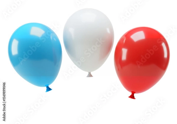 Fototapeta Three glossy balloons blue white and red float in a black void
