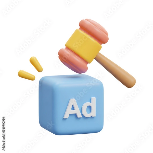 Fototapeta 3D ad blocking icon. Gavel hitting an ad block for advertising regulation concepts. Isolated on transparent background, png