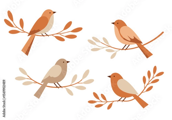 Fototapeta Four illustrated birds perched on branches with leaves in autumn colors  