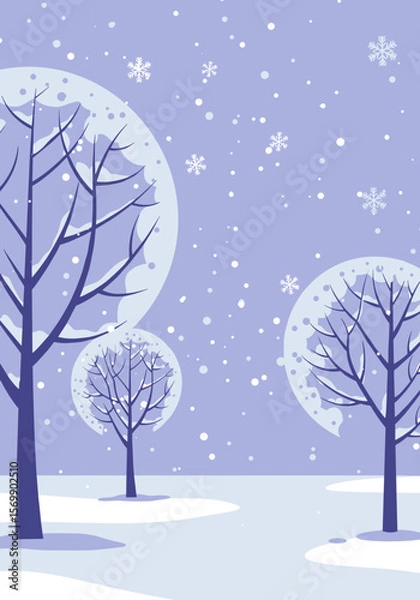 Fototapeta Snowy trees in winter landscape with purple background and snowfall  