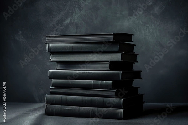 Fototapeta Stack of black hardcover books on dark background