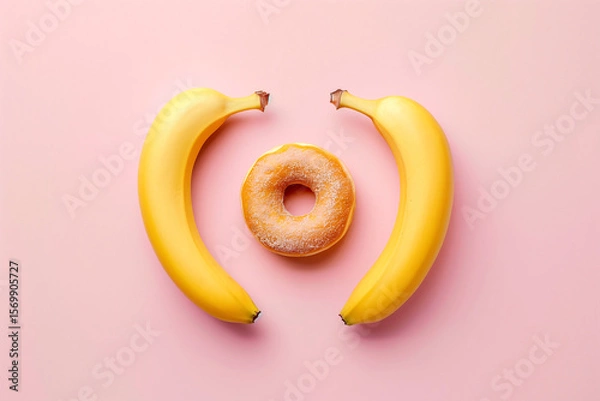 Fototapeta Banana, donut and belt arranged on pink background, dark romance book girls concept