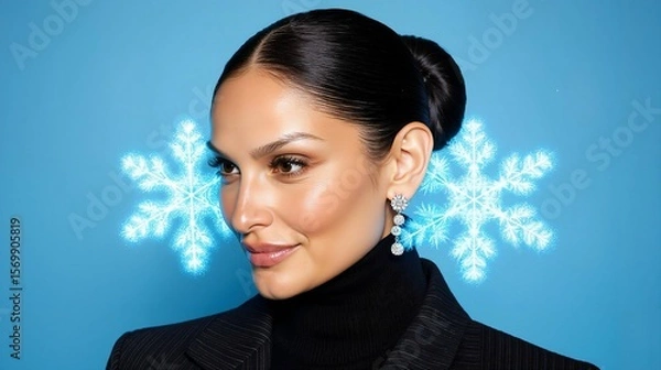 Obraz Elegant Woman in Black Turtleneck and Pinstriped Jacket with Sparkling Winter Snowflakes