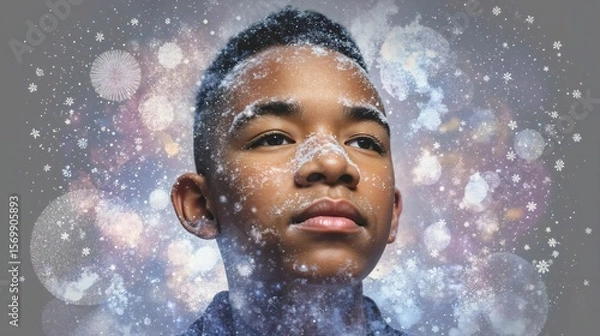 Obraz Dreamy Portrait of a Young Person with Frosted Skin Against a Cosmic Winter Background
