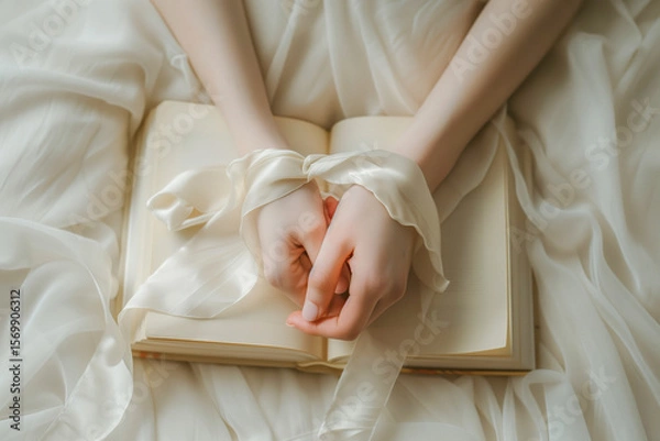 Fototapeta Delicate hands tied with silk ribbon on open book – romantic aesthetic, romantasy concept