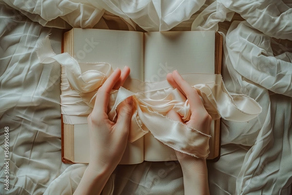 Fototapeta Delicate hands tied with silk ribbon on open book – romantic aesthetic, romantasy concept