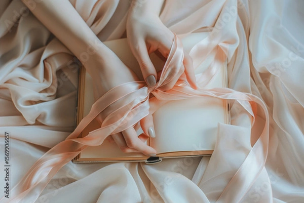 Fototapeta Delicate hands tied with silk ribbon on open book – romantic aesthetic, romantasy concept