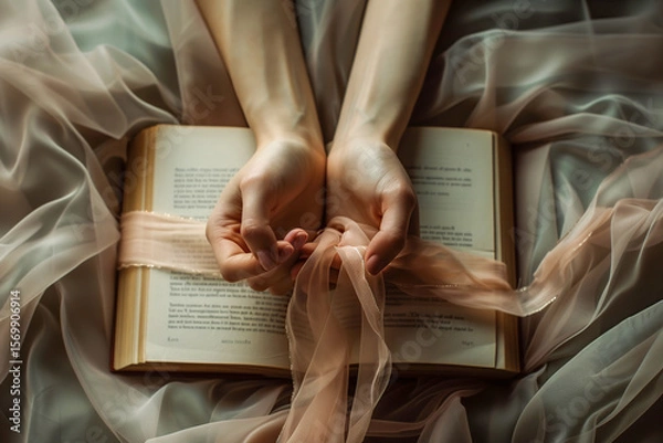Fototapeta Delicate hands tied with silk ribbon on open book – romantic aesthetic, romantasy concept