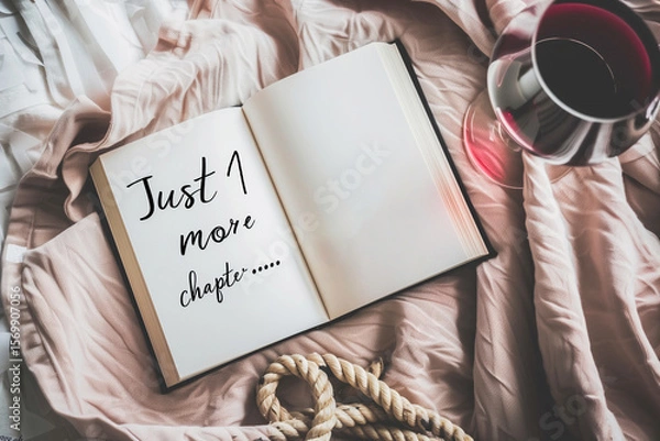 Fototapeta Flatlay with book quote card – Just one more chapter, book lovers concept