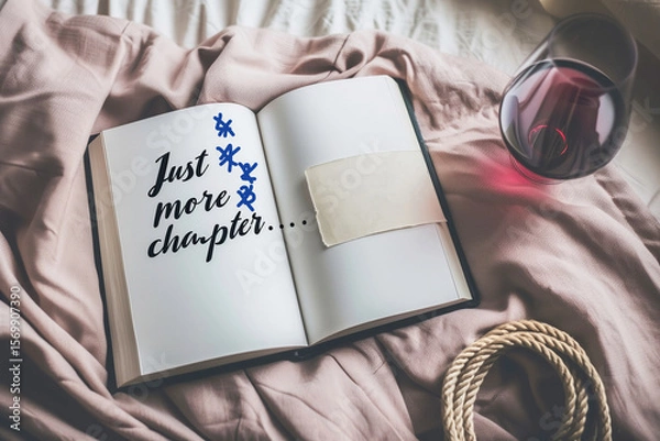 Fototapeta Flatlay with book quote card – Just one more chapter, book lovers concept