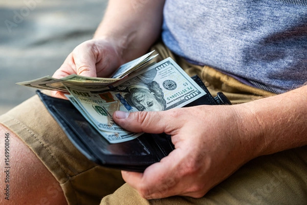 Fototapeta Counting Cash – Man with Black Wallet and US Dollar Banknotes. A close-up view of a man counting U.S. dollar banknotes from a black leather wallet while seated on a bench