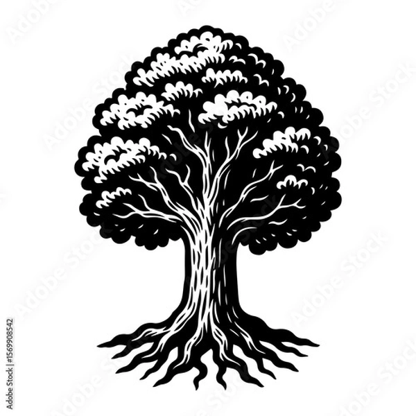 Fototapeta Black and white vector illustration of a tree with a large leafy crown and bare roots. Stylized, ink drawing in vintage engraving style