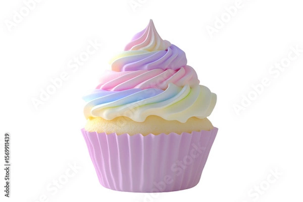 Fototapeta Rainbow Swirl Cupcake, Isolated on Transparent PNG, Pastel Colors, 3D Render