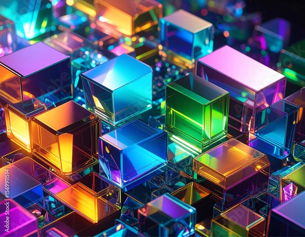 Fototapeta Elementos geométricos 3d translúcidos e coloridos cobrindo toda a superfície.