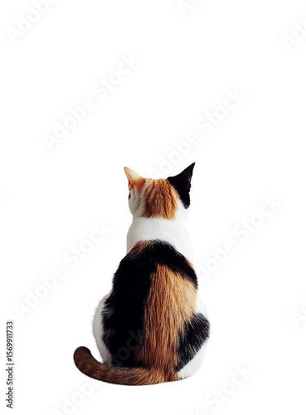 Fototapeta Calico cat rear view, isolated on transparent PNG, studio shot, pensive mood.