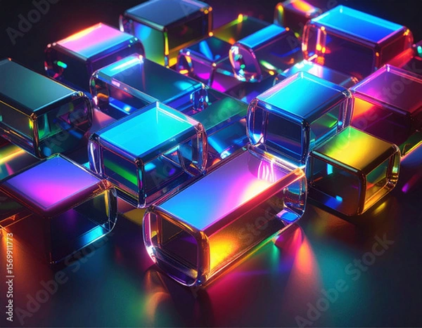Fototapeta Elementos geométricos 3d translúcidos e coloridos cobrindo toda a superfície.