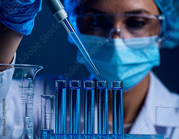 Fototapeta Uma cientista toda paramentada, enchendo tubos de ensaio com o uso de uma pipeta.