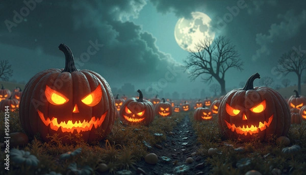 Fototapeta Glowing jack-o'-lanterns with menacing expressions lit up in a dark, eerie pumpkin patch under a full moon, Halloween ambiance.