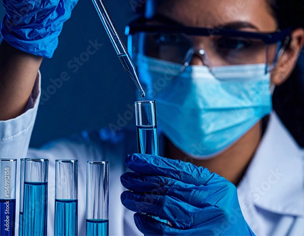 Fototapeta Uma cientista toda paramentada, enchendo tubos de ensaio com o uso de uma pipeta.