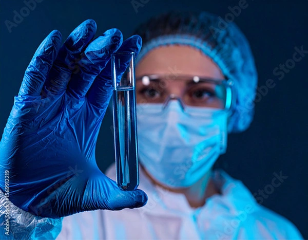 Fototapeta Uma cientista paramentada usando máscara, jaleco, touca e luvas de cor azul e óculos de proteção ocular, segurando uma pipeta com um líquido.