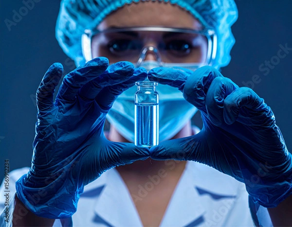 Fototapeta Um cientista todo paramentado, segurando uma pipeta com as duas mãos enluvadas.