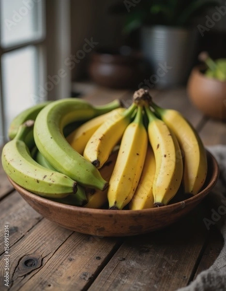 Obraz Boiled plantains and green bananas in a rustic bowl for West African New Year