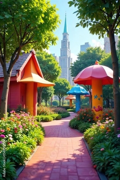 Obraz Discover a Whimsical Hidden Park Vibrant Colors, Playful Structures, and Lush Landscaping in an Unexpected Urban Oasis.  A joyful escape for families and adventurers seeking playful fun.