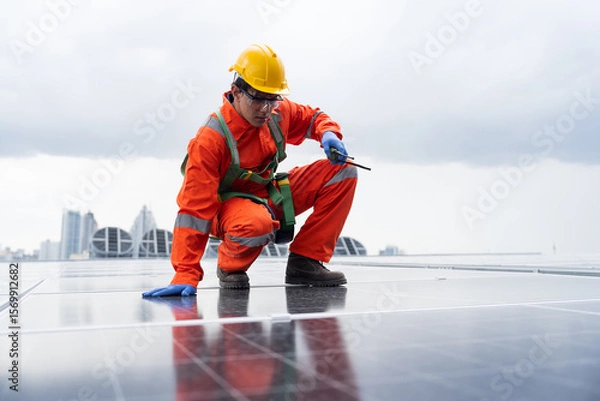 Obraz Solar panel rooftop, Rooftop solar power. Engineer or technician inspecting installation quality of solar power systems on rooftop of building. Male engineer checks solar panel on rooftop