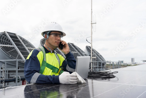 Obraz Solar panel rooftop, Rooftop solar power. Engineer using laptop computer inspecting installation and control quality of solar panel on rooftop of building