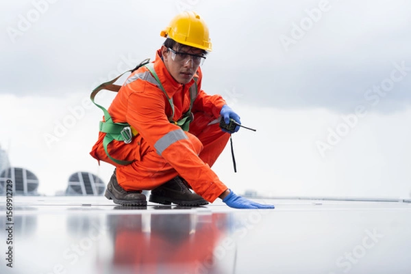 Obraz Solar panel rooftop, Rooftop solar power. Engineer or technician inspecting installation quality of solar power systems on rooftop of building. Male engineer checks solar panel on rooftop