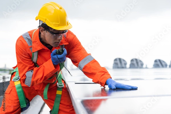 Obraz Solar panel rooftop, Rooftop solar power. Engineer or technician inspecting installation quality of solar power systems on rooftop of building. Male engineer checks solar panel on rooftop