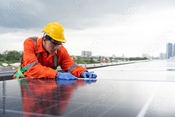 Obraz Solar panel rooftop, Rooftop solar power. Engineer or technician inspecting installation quality of solar power systems on rooftop of building. Male engineer checks solar panel on rooftop