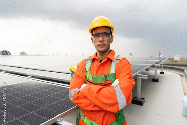 Obraz Solar panel rooftop, Rooftop solar power. Portrait of male engineer wear safety uniform, hardhat standing with crossed arms during inspecting installation quality of solar panel on rooftop of building