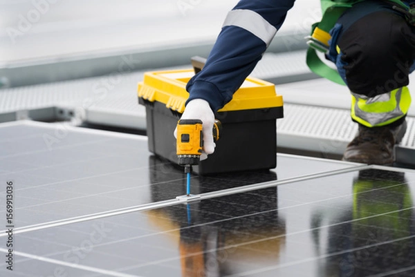 Obraz Solar panel rooftop, Rooftop solar power. Engineer or technicians maintaining and repairing solar power systems on rooftop of building. Hands of engineer install solar cell on rooftop