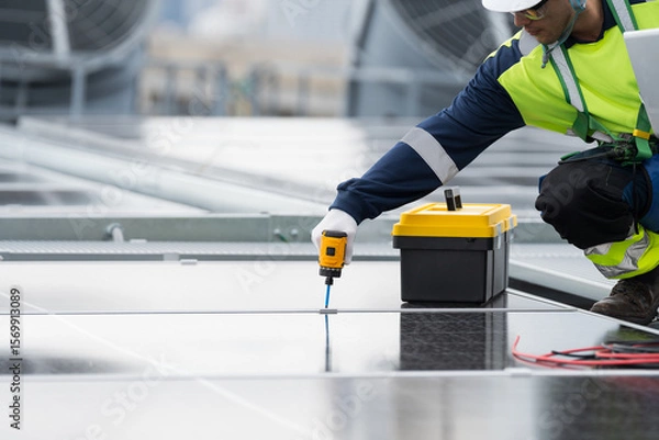 Obraz Solar panel rooftop, Rooftop solar power. Engineer or technicians maintaining and repairing solar power systems on rooftop of building. Hands of engineer install solar cell on rooftop