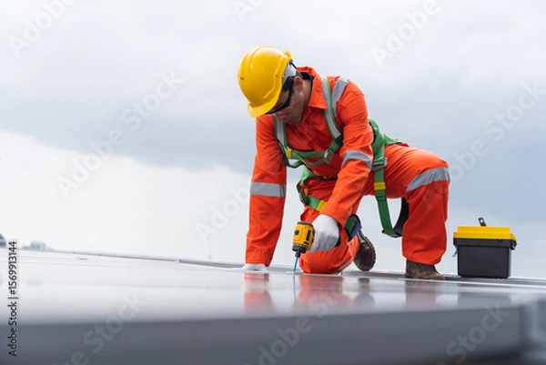 Obraz Solar panel rooftop, Rooftop solar power. Engineer or technicians maintaining and repairing solar power systems on rooftop of building. Male engineer install solar cell on rooftop