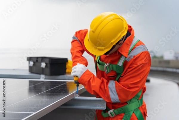 Obraz Solar panel rooftop, Rooftop solar power. Engineer or technicians maintaining and repairing solar power systems on rooftop of building. Male engineer install solar cell on rooftop
