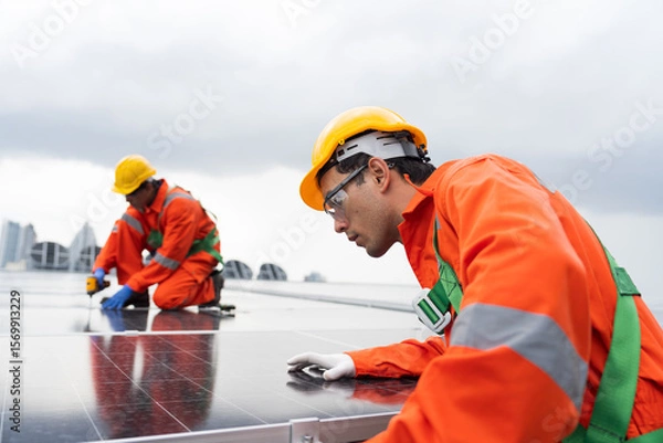 Obraz Solar panel manufacturers, Rooftop solar power, Solar rooftop. Team of engineers or technicians with safety uniform maintaining and repairing solar power systems rooftop of building