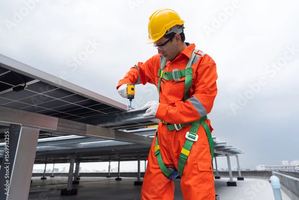 Obraz Solar panel rooftop, Rooftop solar power. Engineer or technicians maintaining and repairing solar power systems on rooftop of building. Male engineer install solar cell on rooftop