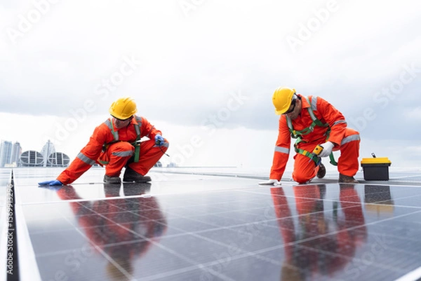 Obraz Solar panel manufacturers, Rooftop solar power, Solar rooftop. Team of engineers or technicians with safety uniform maintaining and repairing solar power systems rooftop of building