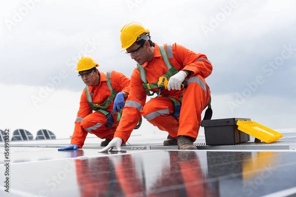 Obraz Solar panel manufacturers, Rooftop solar power, Solar rooftop. Team of engineers or technicians with safety uniform maintaining and repairing solar power systems rooftop of building