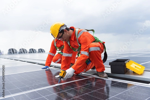 Obraz Solar panel manufacturers, Rooftop solar power, Solar rooftop. Team of engineers or technicians with safety uniform maintaining and repairing solar power systems rooftop of building